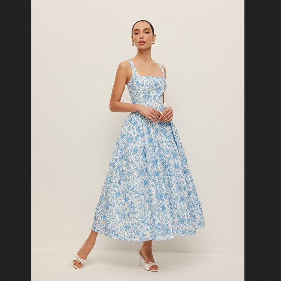 Commense Dresses & Skirts - Commense Medium Blue Floral Square Neck Maxi Dress Summer Vacation Coastal NEW